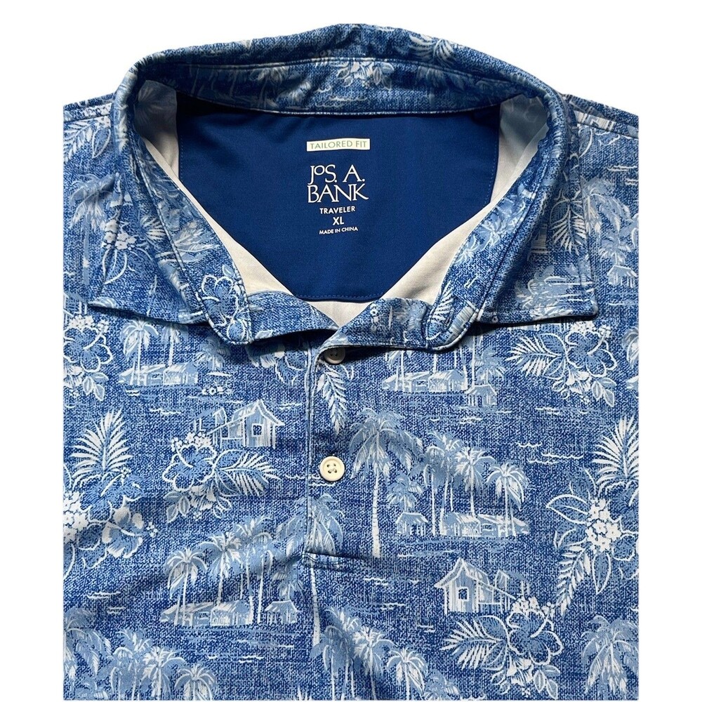 Jos A Bank Polo Mens XL Blue Tailored Fit Traveler Tropical AOP Golf Athleisure